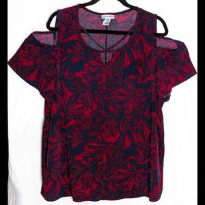 Gothic Floral CATHERINES 18/20WP 1X Red & Navy Petite Cold Shoulder Stretch Top